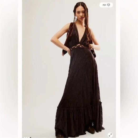 Free People One More Night Pieced Lace Ethereal flounce hem Maxi Dress in Onyx 6 - Picture 9 of 12